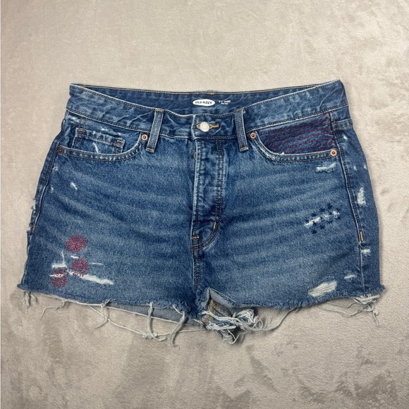 Old Navy 100% Cotton Cut Off Distressed Embroidered Denim Blue Jean Shorts 10 - Picture 1 of 15